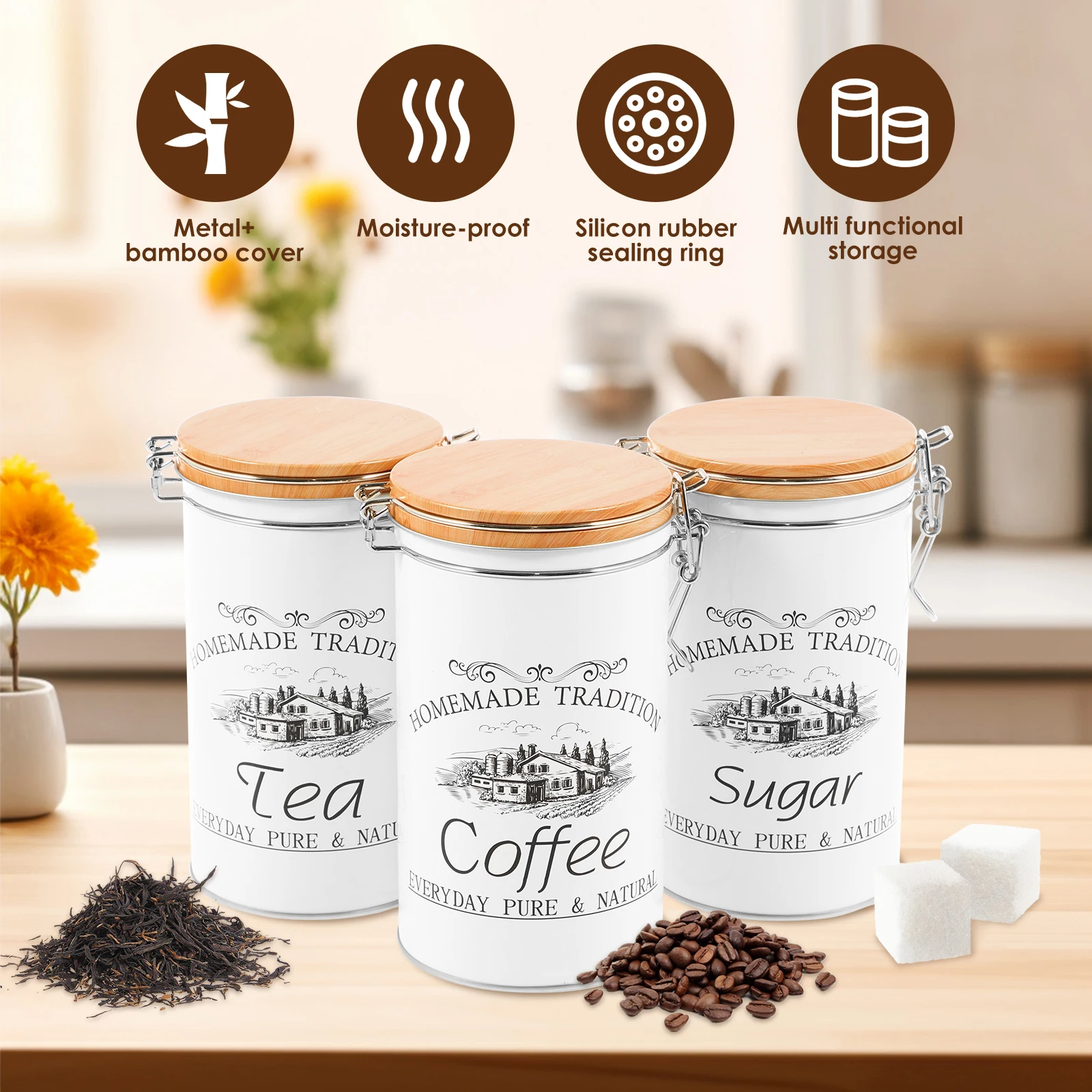 Juego de 3 Recipientes Metálic - Canister Coffee Sugar Tea reseña y precio